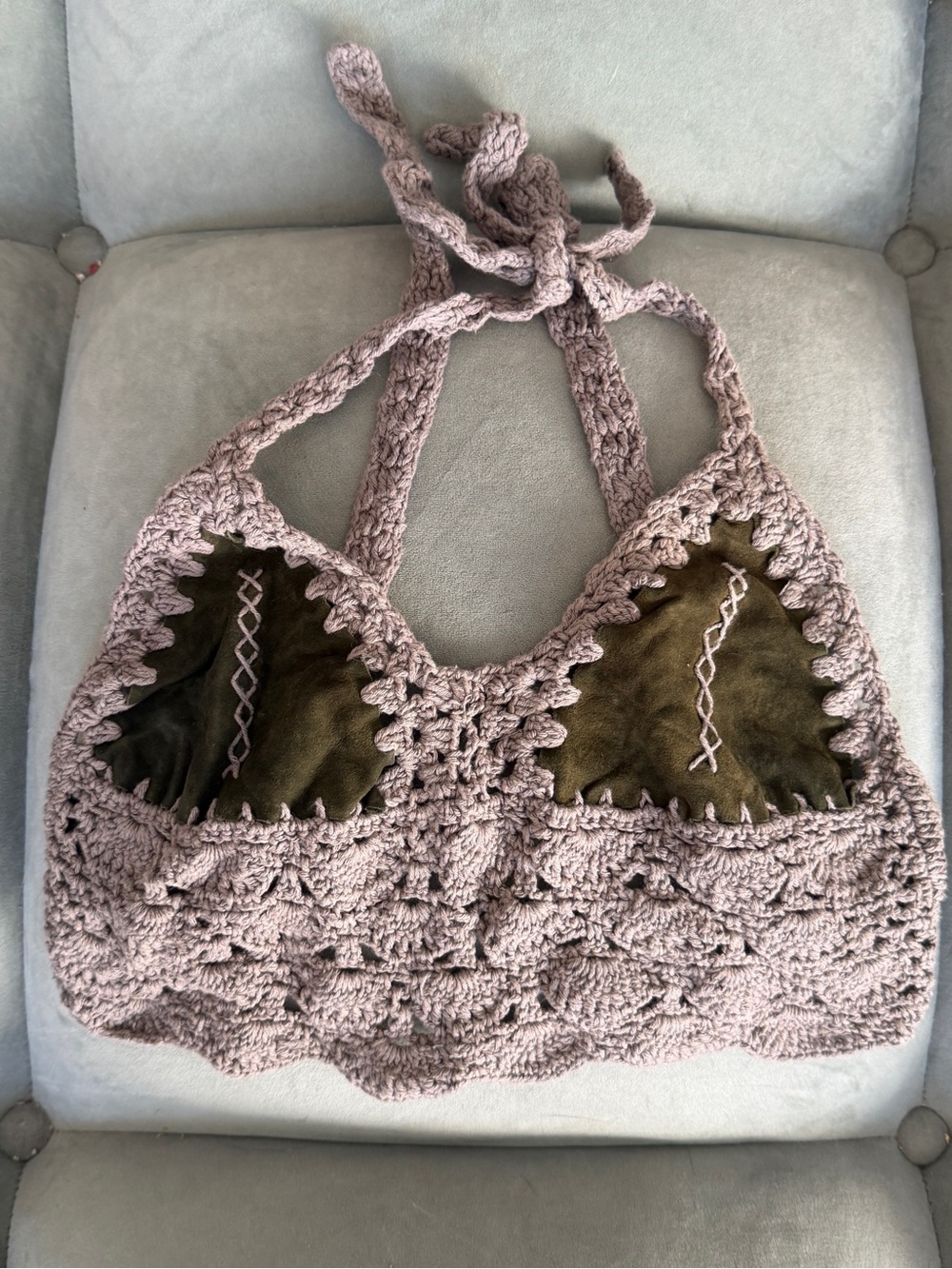 BALI Handmade Crochet Halter Top with Olive Suede Accents